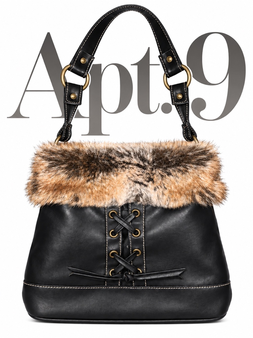 Apt. 9 Black Faux Leather Shoulder Bag with Brown Fur Trim